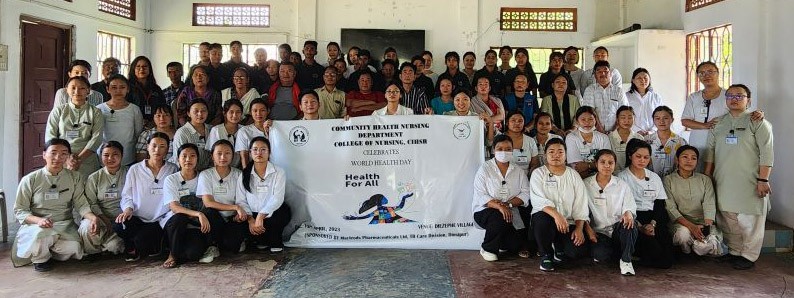Community Health Nursing Department, College of Nursing, CIHSR in collaboration with Health and Wellness Centre, Diezephe village organised World Health Day celebration at Diezephe Council Hall on April 12. It was sponsored by Macleods Pharmaceuticals Ltd TB Care Division Dimapur. Dr Imtiwapang, SMO, Singrijan PHC briefed the gathering on the theme ‘health for all.’ Imsutola Jamir, Clinical Dietician, CIHSR spoke on importance of nutrition and its impact on health. Government Middle School, Diezephe students performed a play on good and bad habits. Altogether 80 people participated in the event which concluded ended with ZUMBA session.